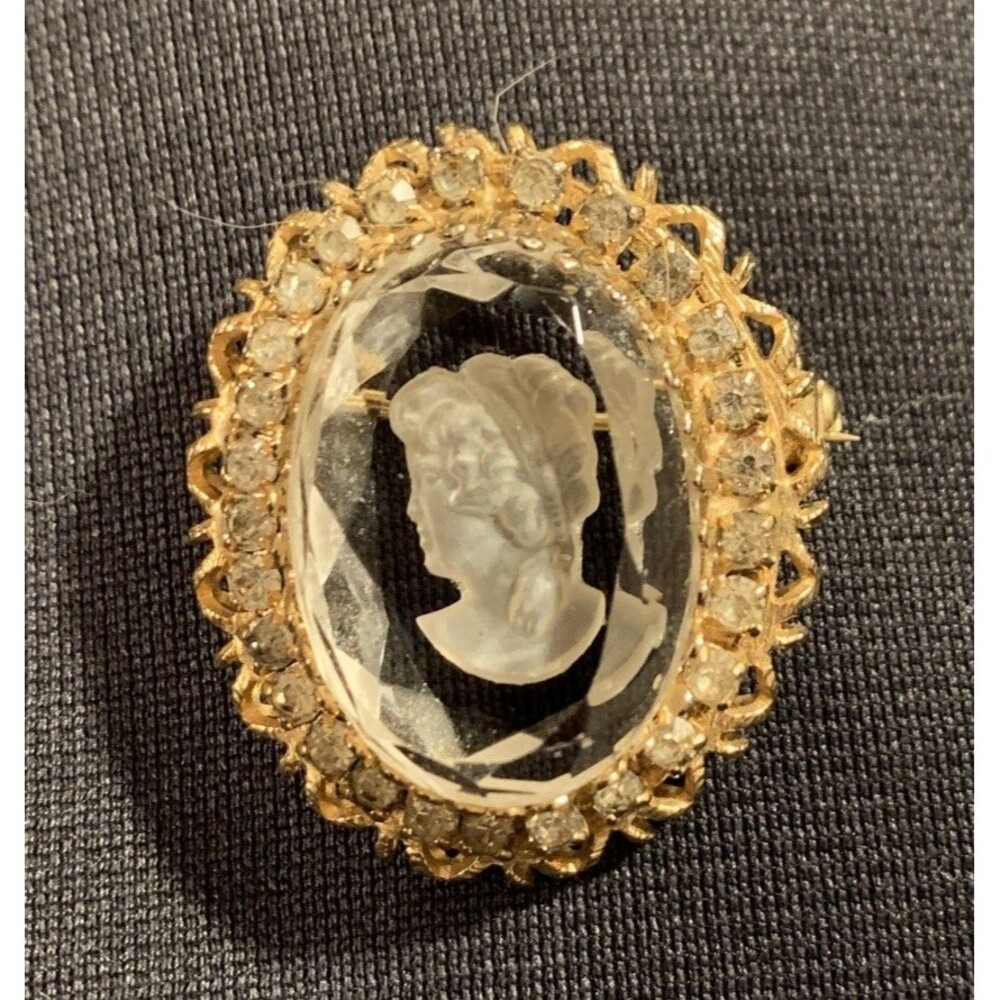 Vintage Intaglio Cameo Brooch Pin Left Facing Rhinestones Glass Estate